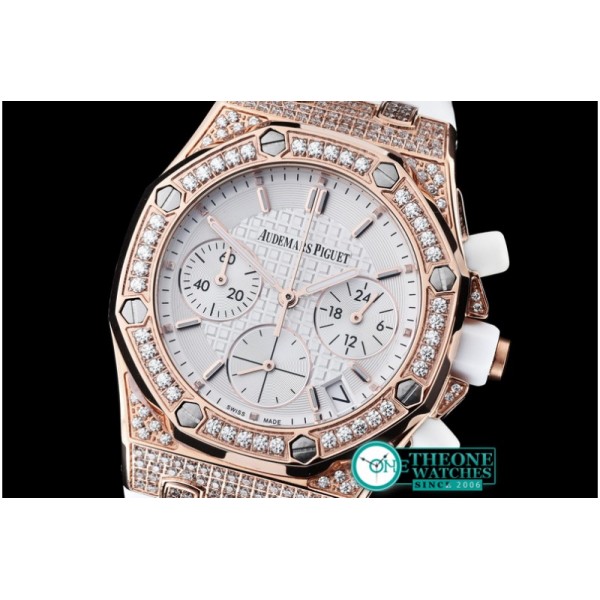 Audemars Piguet - Royal Oak Ladies Chrono RG/RU Wht Stk Diam Bez VK64