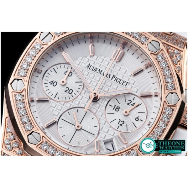 Audemars Piguet - Royal Oak Ladies Chrono RG/RU Wht Stk Diam Bez VK64