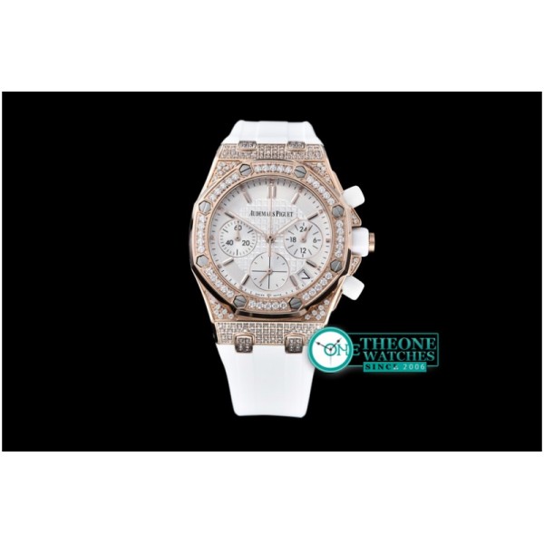 Audemars Piguet - Royal Oak Ladies Chrono RG/RU Wht Stk Diam Bez VK64