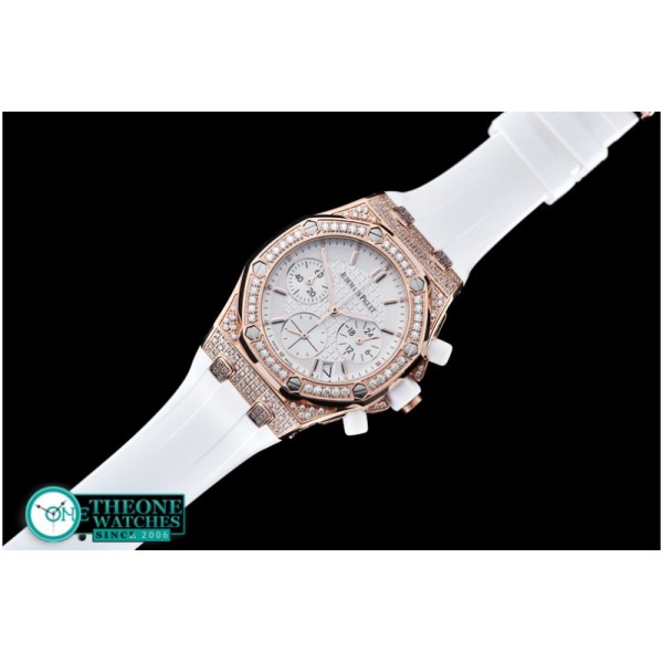 Audemars Piguet - Royal Oak Ladies Chrono RG/RU Wht Stk Diam Bez VK64