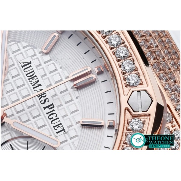 Audemars Piguet - Royal Oak Ladies Chrono RG/RU Wht Stk Diam Bez VK64