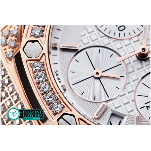 Audemars Piguet - Royal Oak Ladies Chrono RG/RU Wht Stk Diam Bez VK64