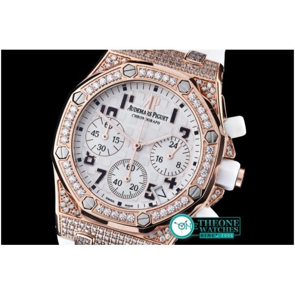 Audemars Piguet - Royal Oak Ladies Chrono RG/RU Wht Num Diam Bez VK64