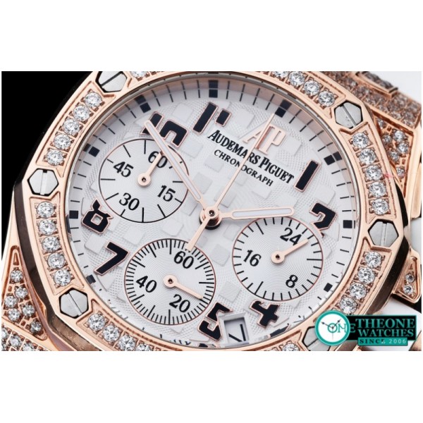 Audemars Piguet - Royal Oak Ladies Chrono RG/RU Wht Num Diam Bez VK64