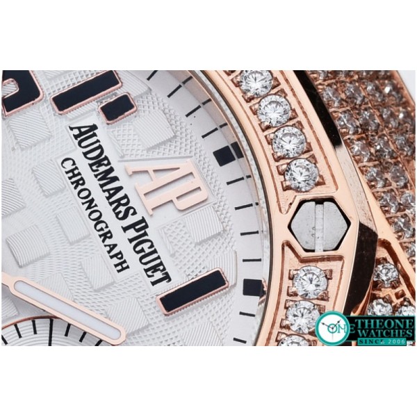 Audemars Piguet - Royal Oak Ladies Chrono RG/RU Wht Num Diam Bez VK64