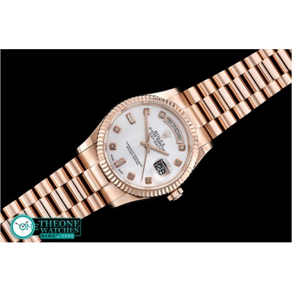 Rolex - DayDate 36mm Flt RG/RG Wrap Wht MOP Diam BP Swiss 2836