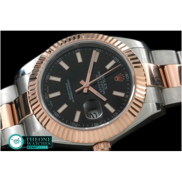 Rolex - SS/RG Oyster Fluted Black Sticks Asian Eta 2836-2